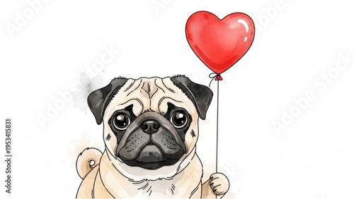 A cute pug dog holds a red heart shaped balloon indoors.