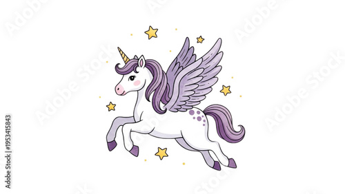 A majestic white unicorn with purple mane runs freely under starry night sky