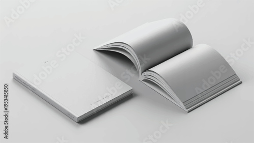 Stack of white blank books and one open book on a light surface with copy space