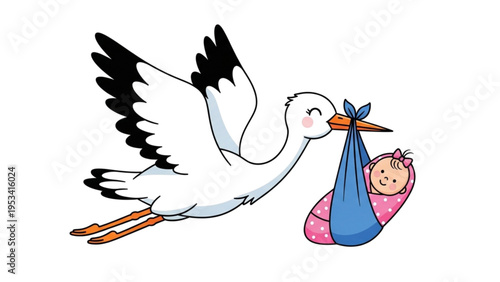 A stork delivers a newborn baby girl in a sling gently outdoors.