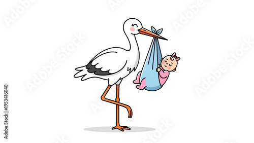 A stork carries a sleeping baby in a sling through clear blue sky
