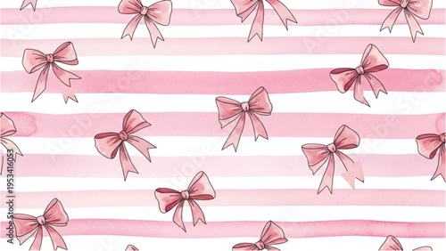 Pink bows are scattered across the striped fabric background