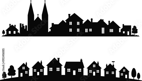 Urban townscape and suburban neighborhood silhouette set, architectural skyline vector illustration, design, city and village graphics