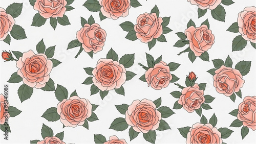 Roses and green leaves are scattered across a floral patterned surface