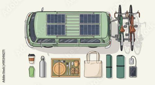 Eco friendly travel accessories and solar powered van for sustainable living