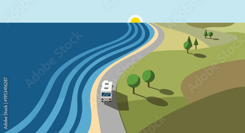 Camper van driving along scenic coastal road with trees