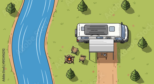Camping by river with RV and campfire