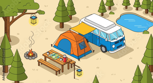 Camping scene with tent van and campfire