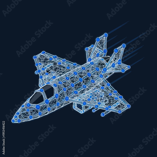 Fighter Jet Wireframe Model Flying Fast.