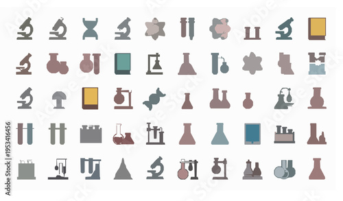 Colorful flat science and laboratory icon set with microscope test tubes atom and book symbols