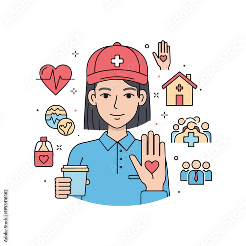 Volunteer with a red cross cap and a hand with a heart on it, supporting others