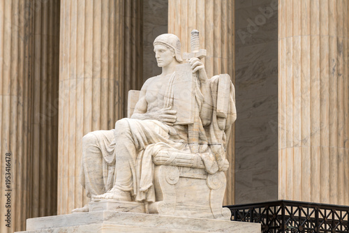 Authority of Law symbolic monument. Supreme court architecture neoclassical heritage. Law lex constitution judicial power. Historic justice statue.