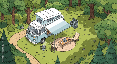 Cartoon camper van in forest with outdoor furniture