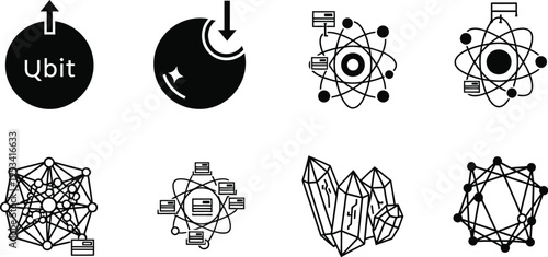 Quantum computing and data networking abstract black and white technology icon collection