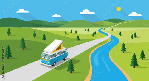 Camper van driving through scenic countryside landscape