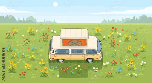 Cartoon camper van in a field of colorful flowers