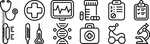 Medical including stethoscope and cross medical cross ECG monitor pills clipboard