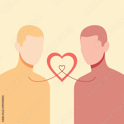 Two figures face each other with connected hearts. Simple minimalist design