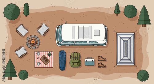 Camping essentials and RV setup in woods