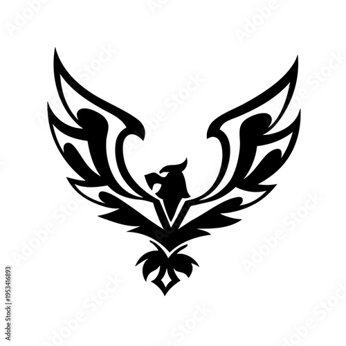 Tribal Phoenix Bird Silhouette with Spread Wings, Black and White Eagle Tattoo Design