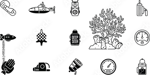 Underwater exploration and marine life icons for ocean research