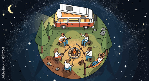 Camping friends gather around campfire under starry night sky