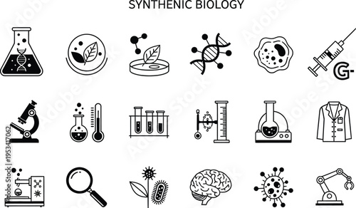 Synthetic biology icons set including dna structures flask microscope and research tools