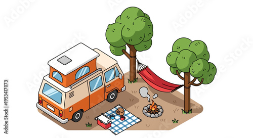 Camping scene with camper van and hammock in forest