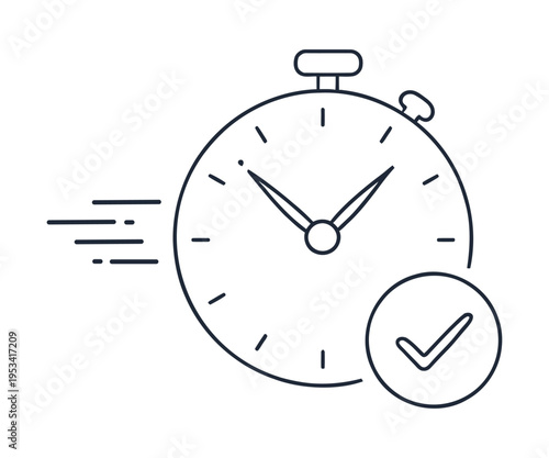 Stopwatch with checkmark ticks quickly forward in time on white background
