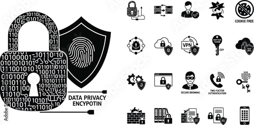 Data privacy and encryption icons featuring security lock biometric fingerprint and vpn graphics