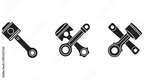Black and white illustrations of engine pistons and connecting rods in different positions and orientations  simple line style  no shading