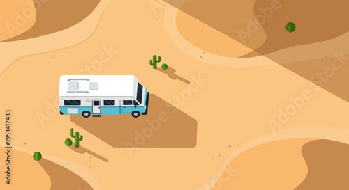 Camper van in desert landscape with cacti
