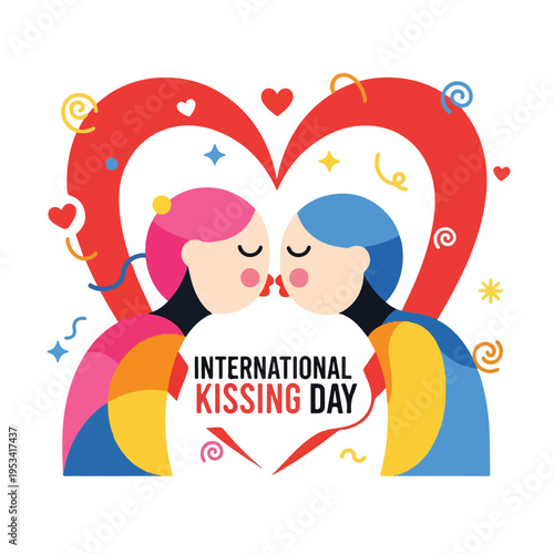 Two figures kissing with a heart shape background for international celebration