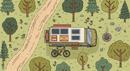 cartoon camper van in forest with bicycle and campfire