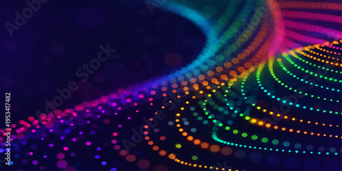 A futuristic digital art wallpaper featuring a vibrant pattern of colorful fractal circles and glowing blue waves swirling through a dark space with high-energy motion