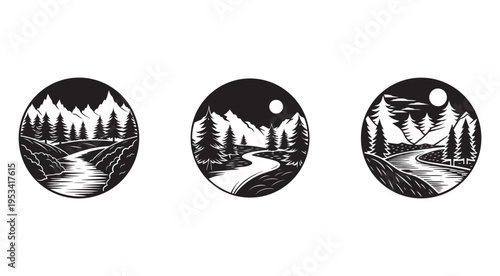 Black and white illustrations of mountain landscapes with trees and winding roads  serene natural scenery in circular frames