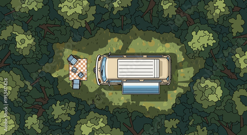 Camping in forest with car and picnic table