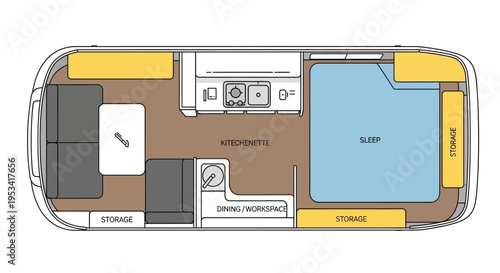 Campervan interior layout with kitchenette and sleeping area