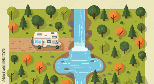camper van by river in forest