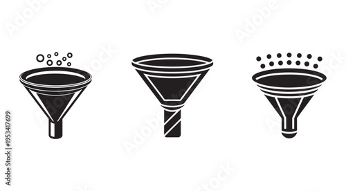 Black and white illustrations of three different funnel shapes and sizes with various bubble effects on a clean white background  simple line art for graphic design