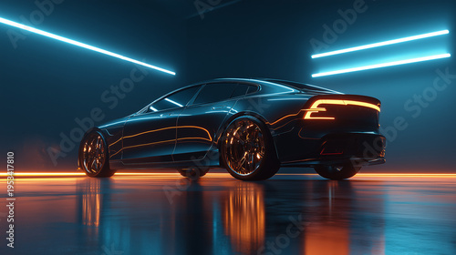 Futuristic black sedan showcased in a stylized studio with dramatic lighting, sleek reflections, and modern automotive design aesthetics.