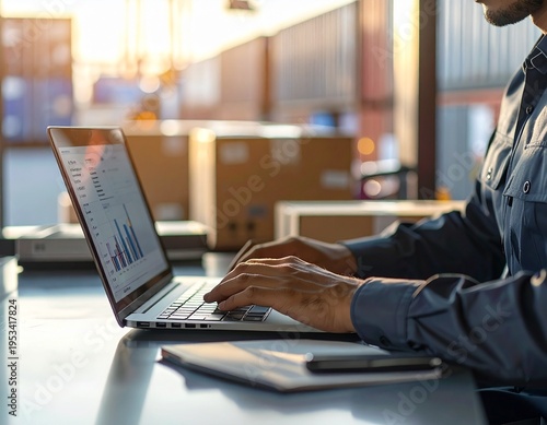 A person in a warehouse or office setting working on a laptop with data analysis charts.