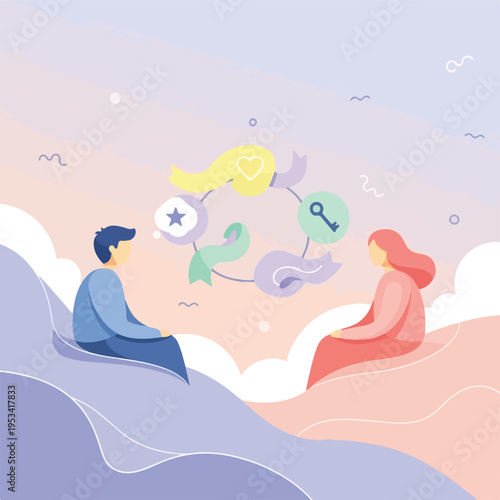 Two figures sitting, a symbolic wreath floats in the pastel sky