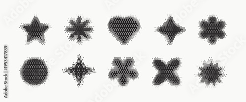 Bitmap Halftone style shapes. Geometric pixel elements for digital design, retro backgrounds, pop art compositions, web graphics, posters. Vector dither effect stars flowers heart.