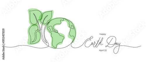 Earth day one line art design. Plant leaves, globe and hand drawn lettering. Continuous drawing. Poster, banner, background with text isolated on white background