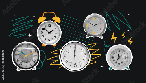 Halftone collage cut out alarm clocks set. Time management, business school stickers with vintage dotted texture and doodles. Retro grunge effect. Abstract trendy creative concept. Vector illustration