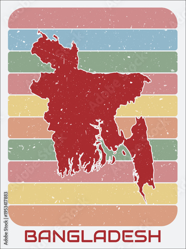 Bangladesh vintage logo. Shape of the country on retro colored stripes background. Bangladesh map design with grunge scratch texture. Vector illustration.