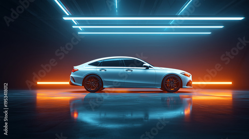 Futuristic white sedan showcased in a stylized studio with dramatic lighting, sleek design, and minimal background, highlighting innovation and modern automotive aesthetics.