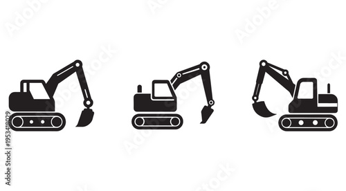 Black excavator machines icons set with different angles and positions for construction and digging isolated on white background  heavy equipment illustrations