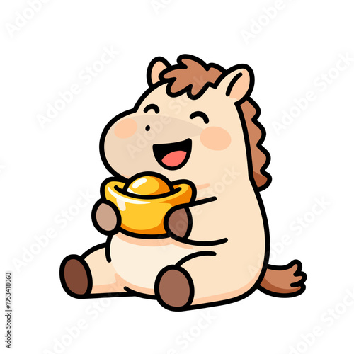 [Vector EPS]Cute cartoon horse holding a gold ingot symbolizing wealth